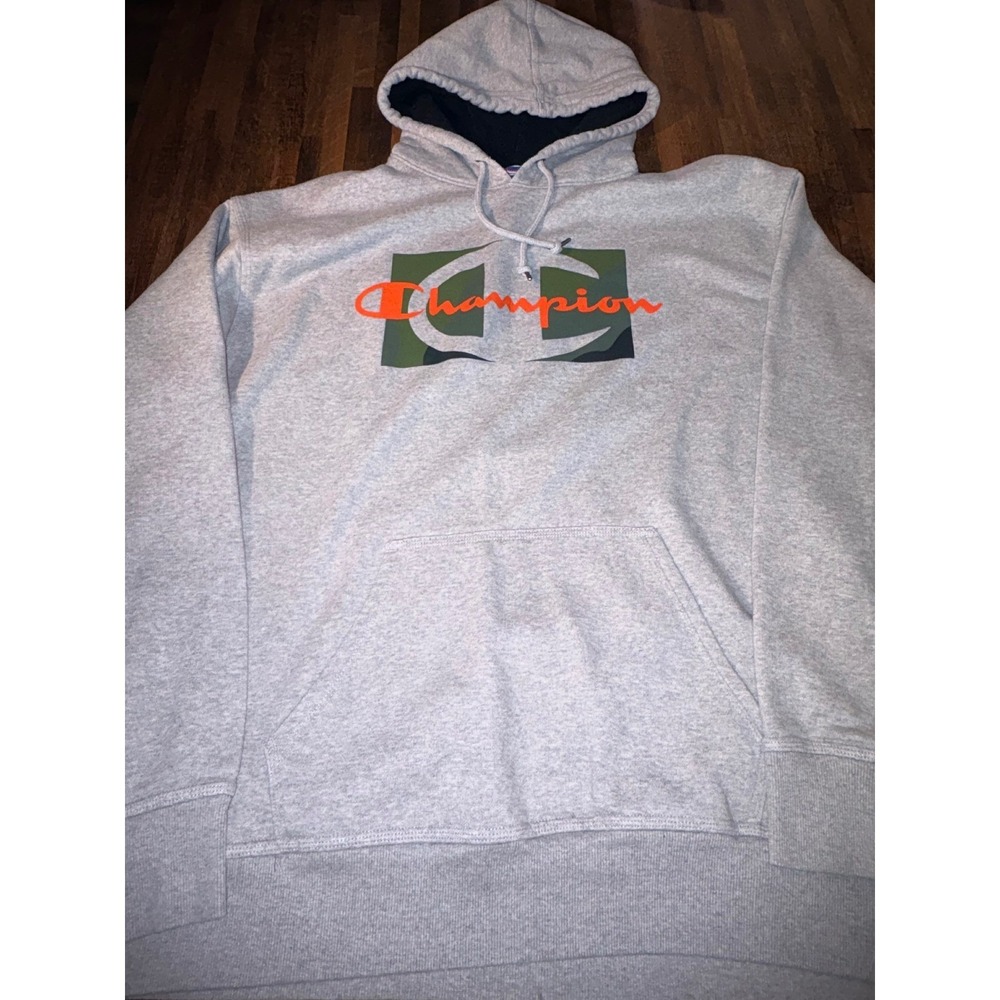 Champion Mens 2XL Gray Camo Big C Logo Pullover Hoodie Sweatshirt Heather Gray